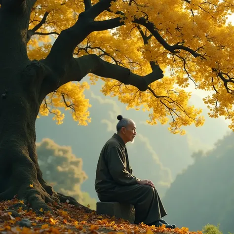 An old Chinese man under a ginkgo tree，It looks a lot like an old Chinese man in an immortal 