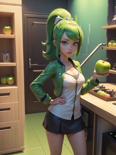 a cartoon girl standing in front of a counter with a green apple, 3 d epic illustrations, elite scientist, 3 d demo reel avatar, 3 d cartoon, for hire 3d artist, animation character, 3d character, 3 d character, 3 d character art, 3 d animated movie, 3d ch...