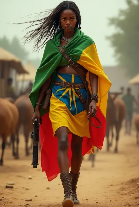 A tall young Ethiopian female warrior strides confidently, brandishing a gun. She wears a detailed Ethiopian flag without a star as clothing, depicted in a realistic manner with natural lighting.