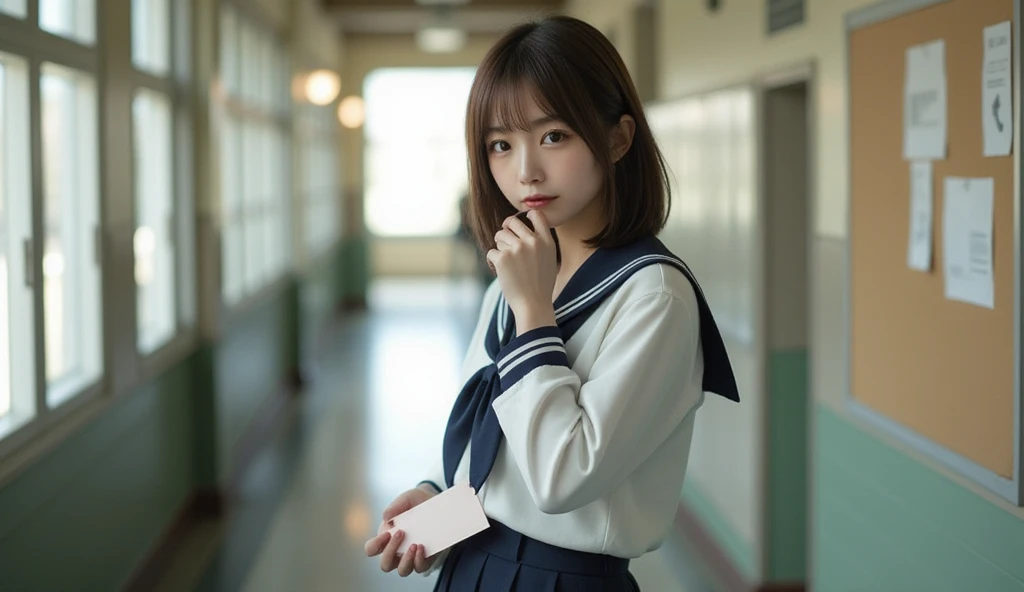 A realistic full-length photograph of a Japanese high school girl standing in a school corridor, captured from an oblique angle. She holds a small envelope in her hand and gazes at the camera with a pensive, calm expression. Her sailor suit is neatly dress...