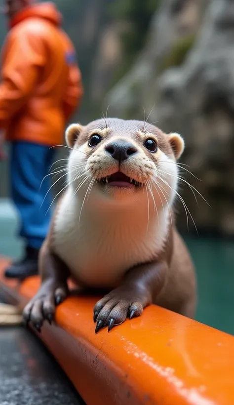 "A realistic close-up photograph of an otter perched on the edge of an orange metal railing, with its front paws gripping the edge. The otter’s face shows a lively expression with its mouth slightly open, revealing small sharp teeth and a curious, playful ...