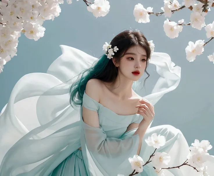 A beautiful woman stands gracefully among large, soft teal and white flowers. She wears a flowing, sheer teal gown with delicate details, exposing her shoulders and showing a slight slit in the skirt. The scene is ethereal, with a dreamy and soft light fil...