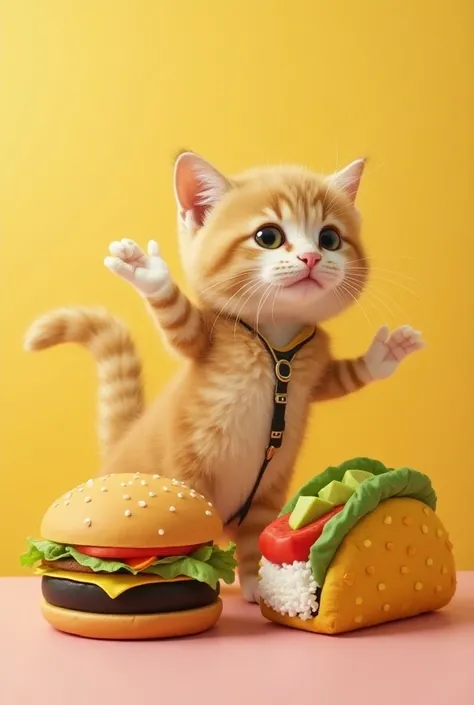 "Create a scene featuring an adorable cat dressed in a variety of tasty food costumes. The cat wears a playful cheeseburger costume, a sushi roll outfit, and a taco costume. The background is simple and bright to keep the focus on the cats fun outfits and ...