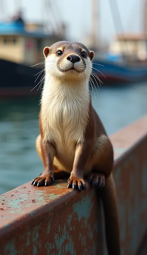 A highly realistic close-up photograph of an otter sitting on the edge of a weathered metal surface with visible rust, giving a rugged, natural feel. The otter is sitting upright, holding onto the edge with its front paws, while its tail rests over the sid...