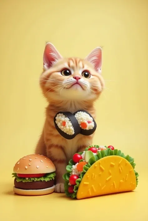 "Create a scene featuring an adorable cat dressed in a variety of tasty food costumes. The cat wears a playful cheeseburger costume, a sushi roll outfit, and a taco costume. The background is simple and bright to keep the focus on the cats fun outfits and ...