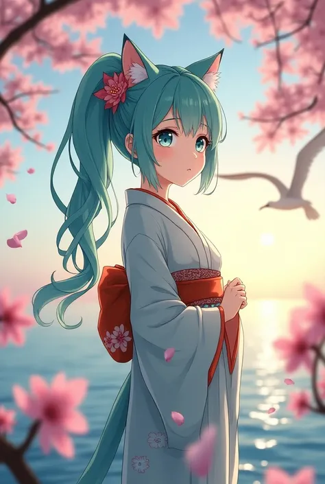 A personified female cat standing gracefully in a plum grove, wearing a beautiful kimono. The atmosphere is emotional and serene, with plum blossom petals drifting around her. Soft evening light illuminates her expression and the delicate patterns on her k...