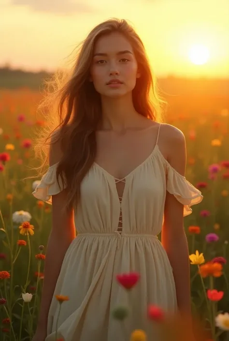  A woman standing in a field of wildflowers , with long, wavy hair,  wearing a light and flowing dress . the sun sets on the horizon,  creating a soft, golden light that illuminates her serene face . The wind gently moves her dress and hair ,  and there is...