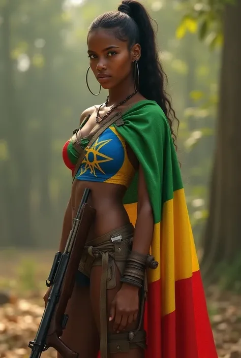 A tall young Ethiopian Amhara female warrior standing with pride and confidence, holding a gun. She wears a detailed Ethiopian flag without a star as clothing, portrayed in a realistic manner with natural lighting.