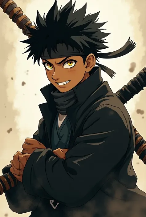 A tan skinned young man with a cocky smile with yellow eyes and black hair with a black jacket and his headband on his neck like Hinata and a gunbai on his back