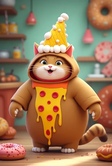 "Imagine a mischievous cat dressed up in a series of wacky, oversized food costumes. The cat is wearing a pizza slice suit, with gooey cheese dripping down its side, a hot dog outfit that fits snugly with mustard squiggling across its belly, and a giant ic...