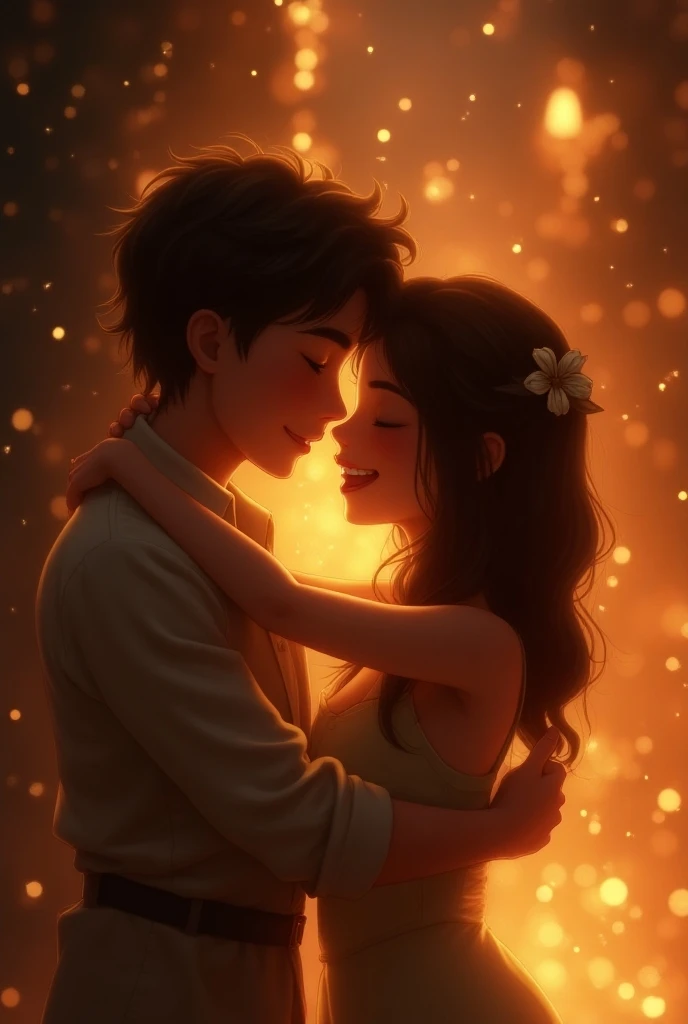 the ,  surprised by that warm and magical light,  felt a warmth in his heart . He closed his eyes and ,  even though he couldnt see Lilu clearly ,  felt his embrace full of love .  instantly ,  a smile illuminated her face .