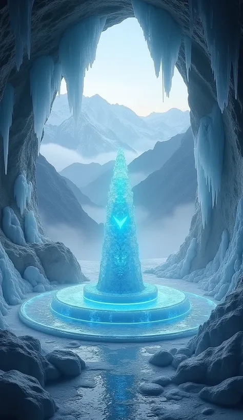 Create ai image of "A serene and spiritual representation of the Amarnath Cave with an ice lingam at the center, surrounded by symbols of Shiva’s attributes like the trident, damaru, and a glowing aura."
