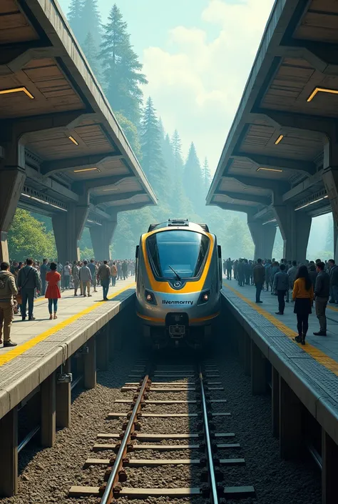 Large space train station where a few people are waiting for their ren on the platforms on the sides of the rails , Let there be no one on the rails   , people who wear clothes from 2000 or 2010 .  That the station goes straight to the lush forest where a ...