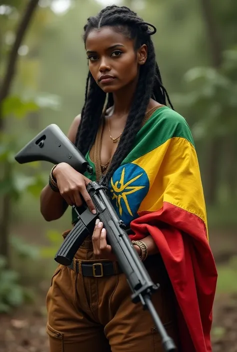 A tall young Ethiopian Amhara female warrior standing with pride and confidence, holding a gun. She wears a detailed Ethiopian flag without a star as clothing, portrayed in a realistic manner with natural lighting.