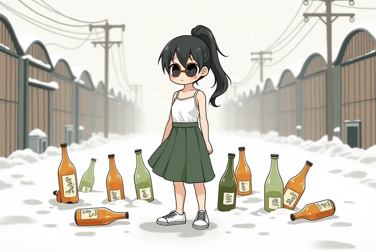 Kizi，color ink painting，chibi, Wearing a white camisole, Wearing a a-line full circle long skirt knee length covered the legs,Wearing white converse sneaker, half body inside snow, sunglasses, outsid of japanese sake winery background, Create an leisure at...