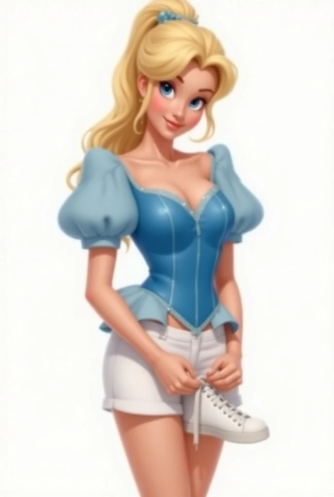 Princess cindrella wearing blue peplum top , puff sleeves, white shorts , she has blonde ponytail, she is tying her shoelace of white shoes , white background, 