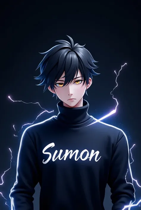 "A 3D anime-style male character with a stylish haircut, wearing a high-neck sweater with electric light effects around the collar, on a dark background. The character has an intense, calm expression and a modern, futuristic vibe. The T-shirt should displa...