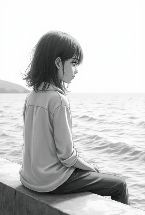 Pencil drawing 
Girl sitting by the sea side view from the back to the side. 
 close-up,black pencil shading , dynamics