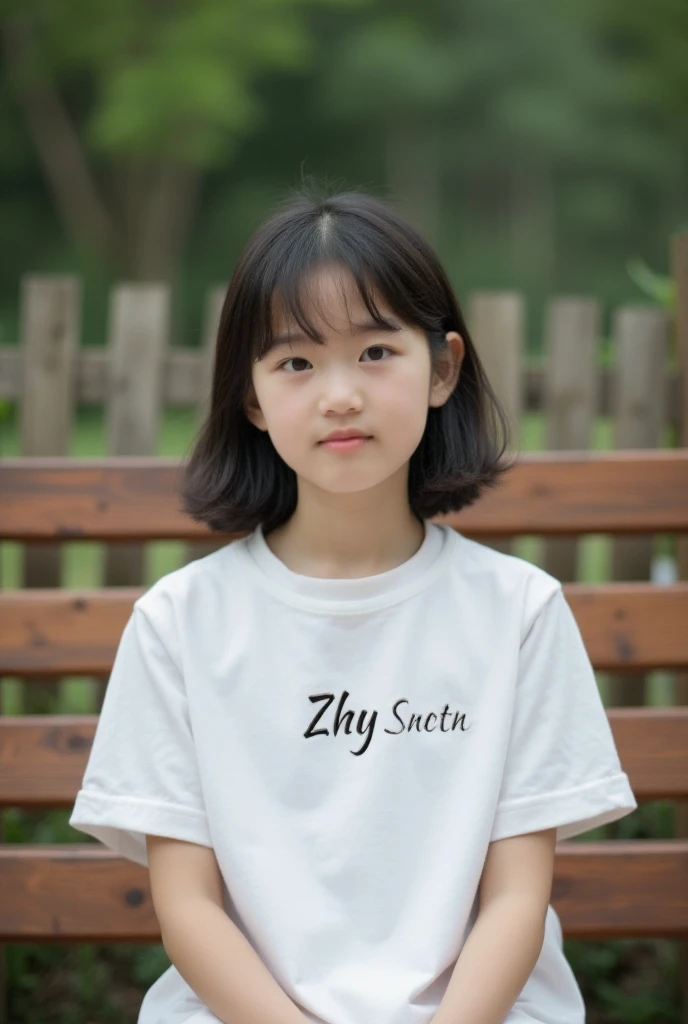 The image features a young girl his name is "zhy"engraved on it at her shirt,sitting on a wooden bench, which is located near a fence. The girl is wearing a white shirt and appears to be looking at the camera. The bench is positioned in the middle of the s...