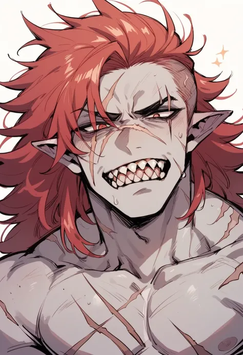 Humanoid creature, scars around the body, sharp teeth, long red hair