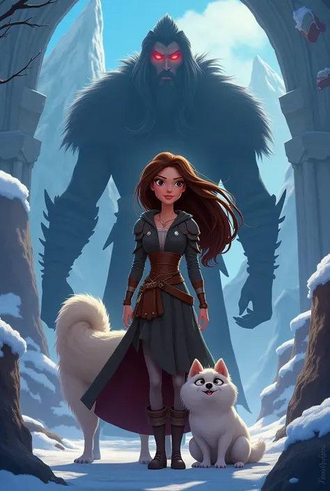 Une affiche de film Disney intitulée crée une affiche dun film animation Disney qui sappelle La Légende dAzuria avec une héroïne adulte aux cheveux bruns et un samoyède au pied de lhéroïne dans une ambiance viking, et un méchant avec un œil rouge brillant,...