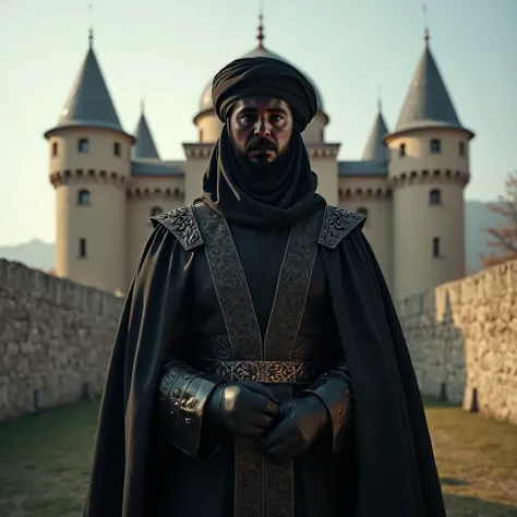 Heres a detailed prompt for your new request:

"A man stands proudly in front of his castle, wearing a black Muslim costume and a black turban scarf. The view is from the front, capturing his commanding presence as he gazes confidently into the distance. T...