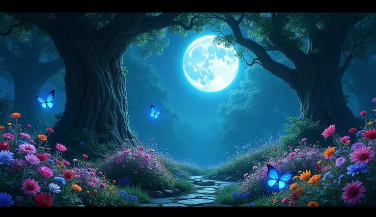 Ancient beautiful garden with high trees, colorful flowers, luminous blue butterflies, cinematic, beautiful, high resolution, semi-realism, panoramic view, at night