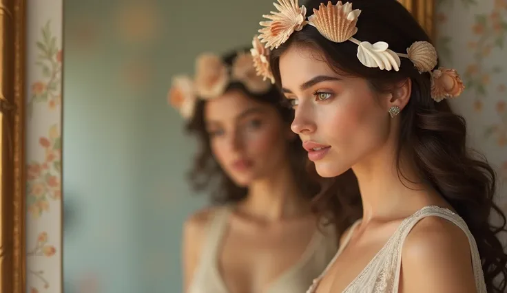 Create an ULTRA REALISTIC image of the goddess Aphrodite in front of a mirror with a crown of seashells. The background should be delicate and glamorous, Perfumes, makeup CONVEY DEPTH."