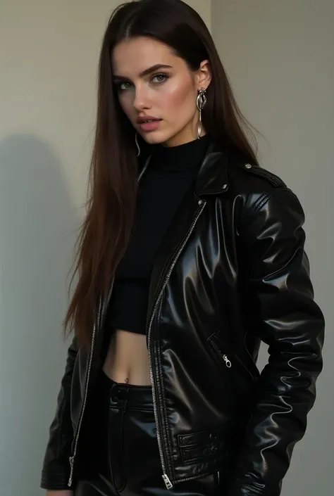 (photorealism:1.2)Beauty euro american qrunge queen with long straight brown hair with shiny black plastic leather jacket that especially the jacket is made of shiny black plastic leather with black plastic pants that the girl is wearing long, thin ring-sh...