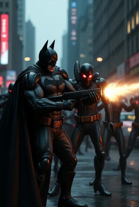 Batman firing at black aliens on street