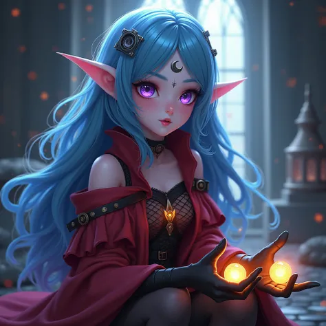 Vampire girl.
Appearance: Sky blue hair .  Purple eyes . Pointed ears.  There is a birthmark on the forehead in the shape of a month. long hair.
 Clothing style : Red outfit .  Black shorts and stockings .  Yellow balls in the hands. gloves.