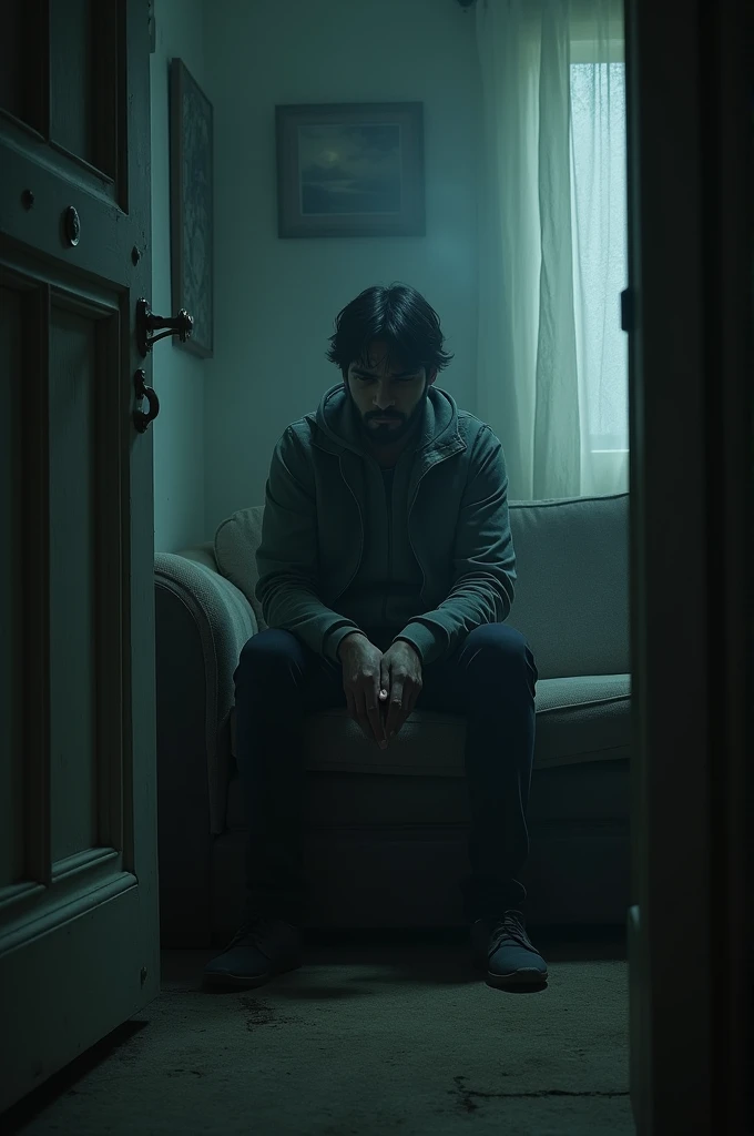 Ravi Haunted by Memories: Ravi sitting alone back in his own home, with a haunted, scared expression, remembering the terrifying events he experienced in the mansion.