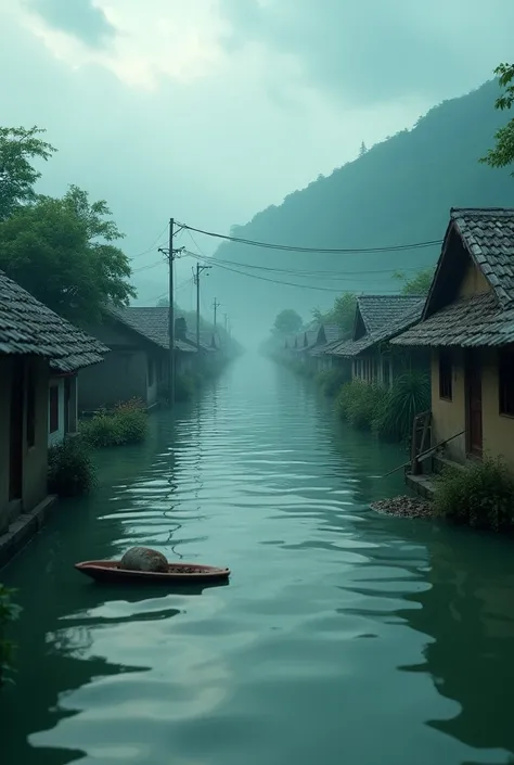 Generator high quality realistic seen in cinematic 3d cartoon style**"The floodwater rises further and begins to submerge the lower parts of the village. The camera pans across the empty homes, partially underwater, with floating debris. In the distance, t...