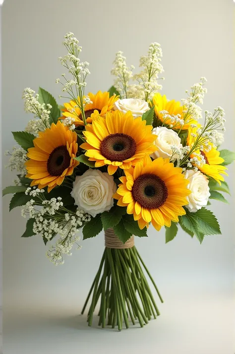 A bridal bouquet bouquet with a sunflower ,  small white flowers and green lemongrass flowers