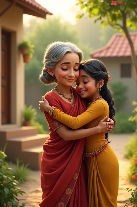 Grandma is hugging Neelam with a warm smile, as Neelam’s sweet face shines with happiness. In the background, a cozy house and garden can be seen.