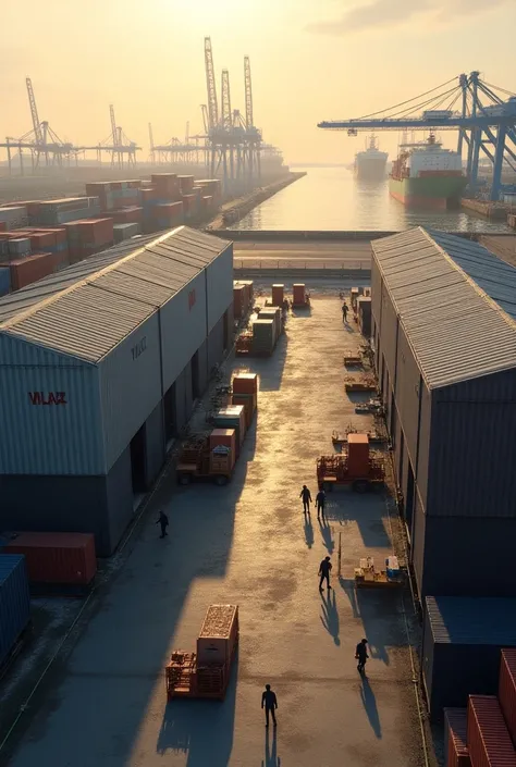  realistic image ,  high definition , two warehouses unloading goods, container na doca,  logistics environment , 10 in the morning 