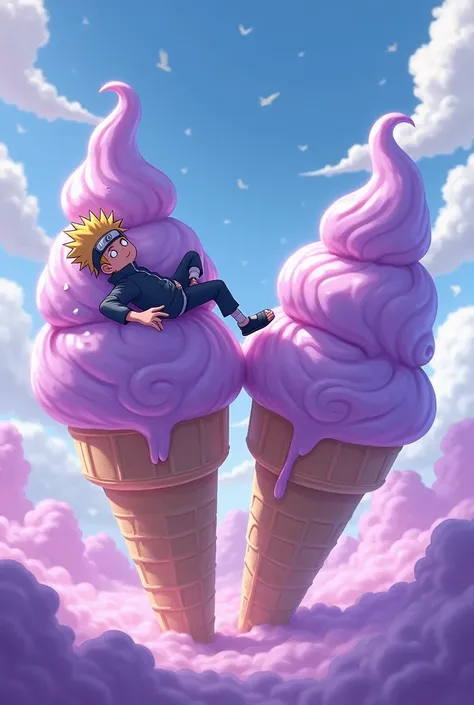 Boruto laying down on two gigantic puple ice cream cone