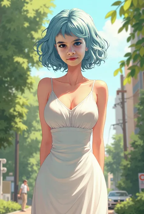  best quality , masterpiece, sharp focus,  high resolution , ultradetailed, 8k, 1 , Alone, beautifully detailed full body illustration of a beautiful woman wearing a white summer dress,  short curly hair , light blue hair, outside, is, sunlight