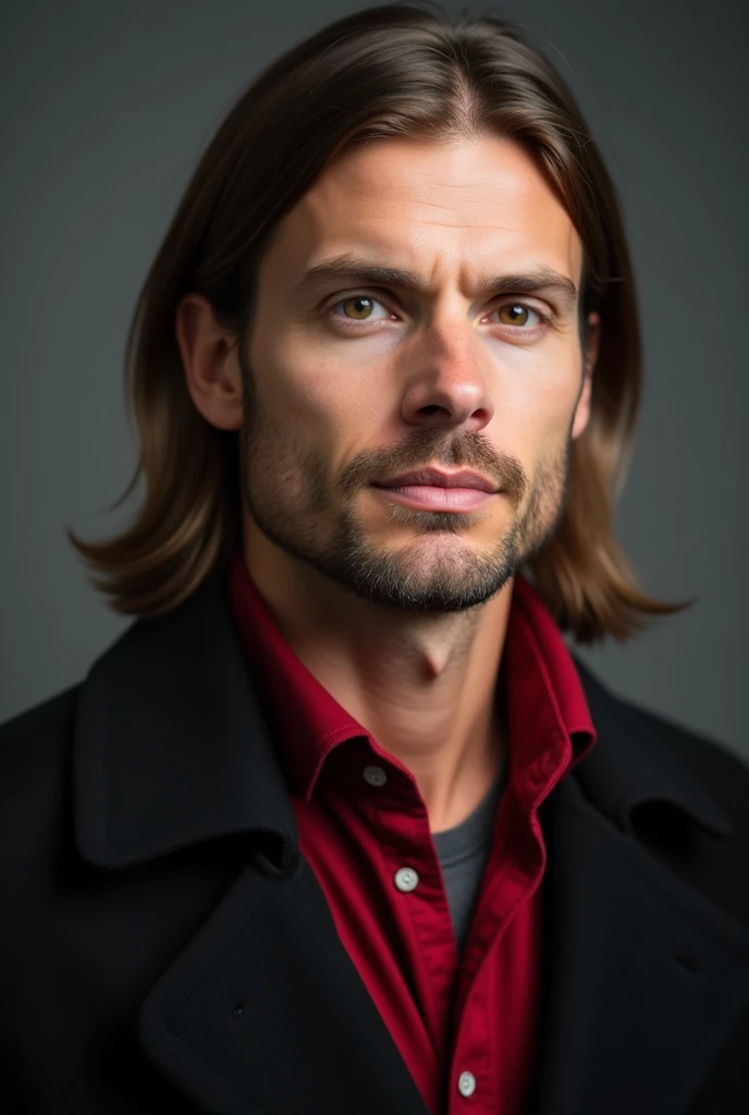  European man of 25 years old, straight medium length hair, soft  face features, hazel empty eyes, small stress wrinkles on the cheeks, no facial hair. Red button down, black coat. Portrait 