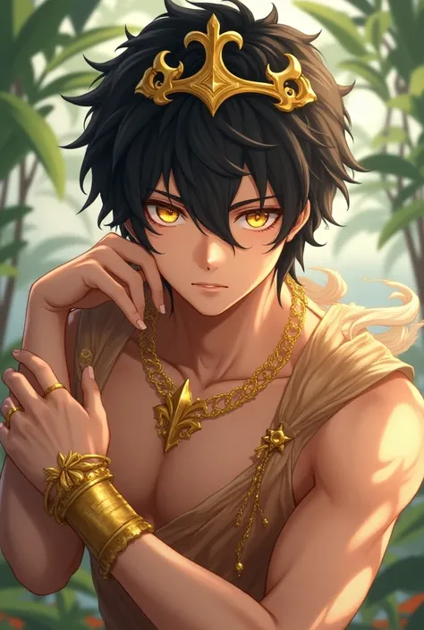 Anime of A Young Man with Black Hair and Honey-Colored Eyes
On your head is a crown 
In your arms are golden bracelets 
He wears a swimsuit with gold details 
