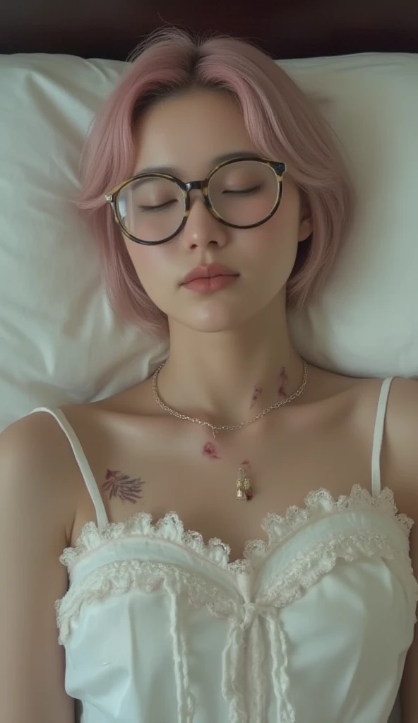 An Asian woman wearing a full latex dress, sleeping her eyes on a rubber bed, scarred on her body, a small hole, which had bullet marks in the dress, pierced through the rubber suit and bled. Short pink hair, big round glasses.