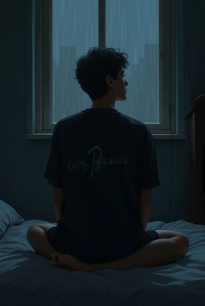 Make an illustration of a twenty years old man sitting on the bed while lazily looking at the bedrooms window while its raining outside at night. He looks bored and uninterested. Hes wearing a loose black t-shirt with a l graphics imagine on it and a pair ...