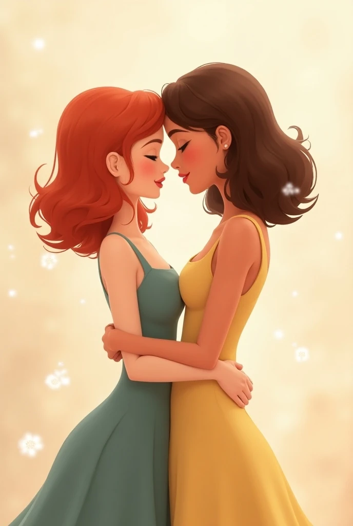 Two animated style women, one with short red hair ,  and the other with medium long brown hair, who sit embracing