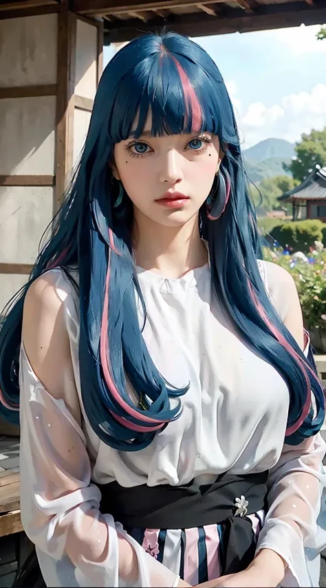 ada, long hair, bangs,  blue eyes, very long hair,  blue hair ,  pink hair,  multicolored hair,  earrings for a woman alone, blu...