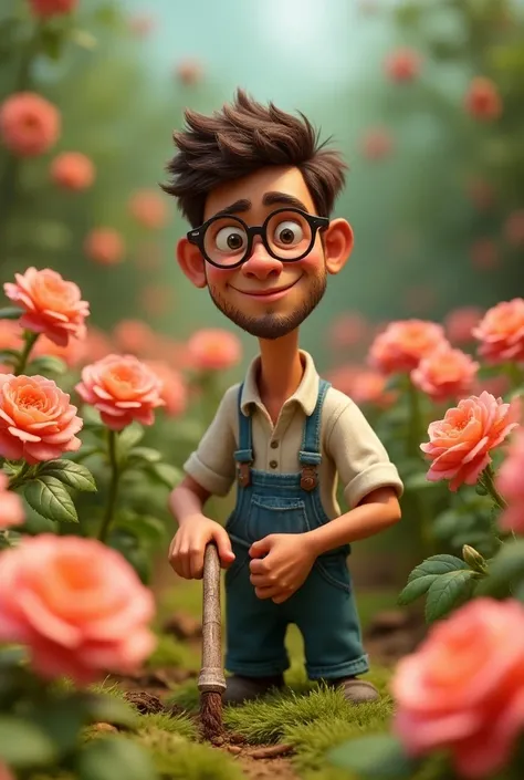 Create a Pixar . a man, Of sculptured glasses,  logo using ,  working with a brushcutter, This with a , Dioratos Rosadera  