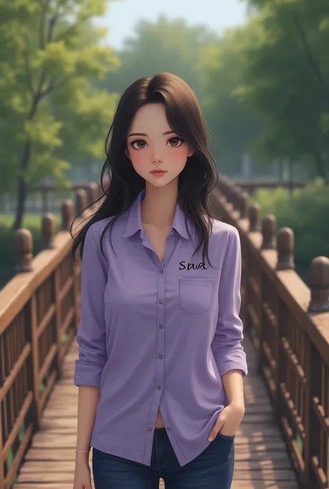 The image features a beautiful young woman his name is "sha"engraved on it at her shirt, walking on a wooden bridge, which is located near a fence. The girl is wearing a lavender shirt and appears to be looking at the camera. The bench is positioned in the...