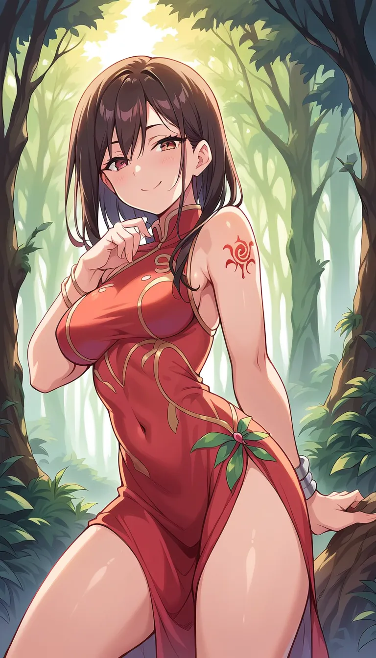 momo ayase as a sorceress , (((transparent and light red dress(dress red ))), bracelets,  perfect brown eyes ( half-closed eyes ...