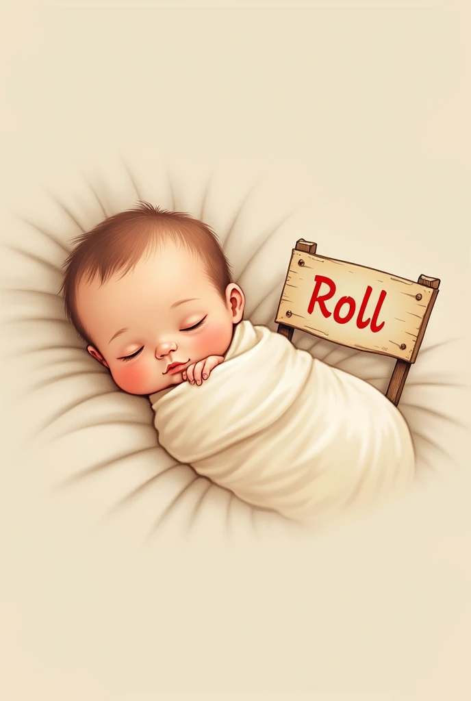 Create a small image of a baby sleeping with a sign on one side with the phrase "I ROLL DURING MY SLEEP " in red letters and in a straight line 
