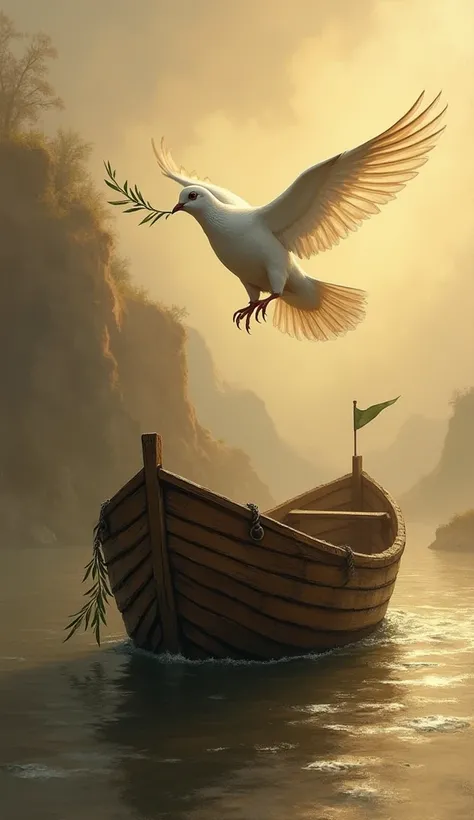 Dove returning to the ark with an olive branch from its beak