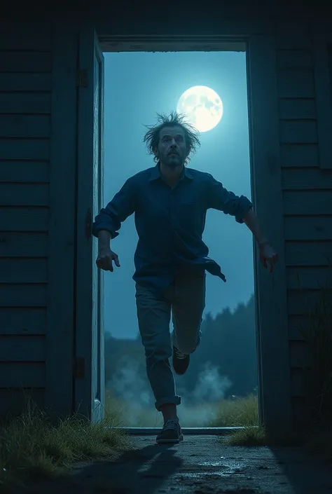 Portrait of a man running out of the house looking at the moon